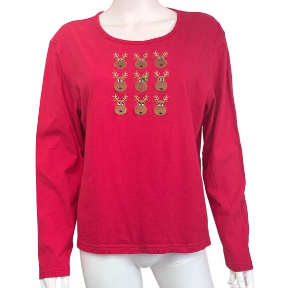 NorthStyle Womens Long Sleeve Christmas Shirt XL Red Reindeer Embroidered Cotton - Picture 1 of 5